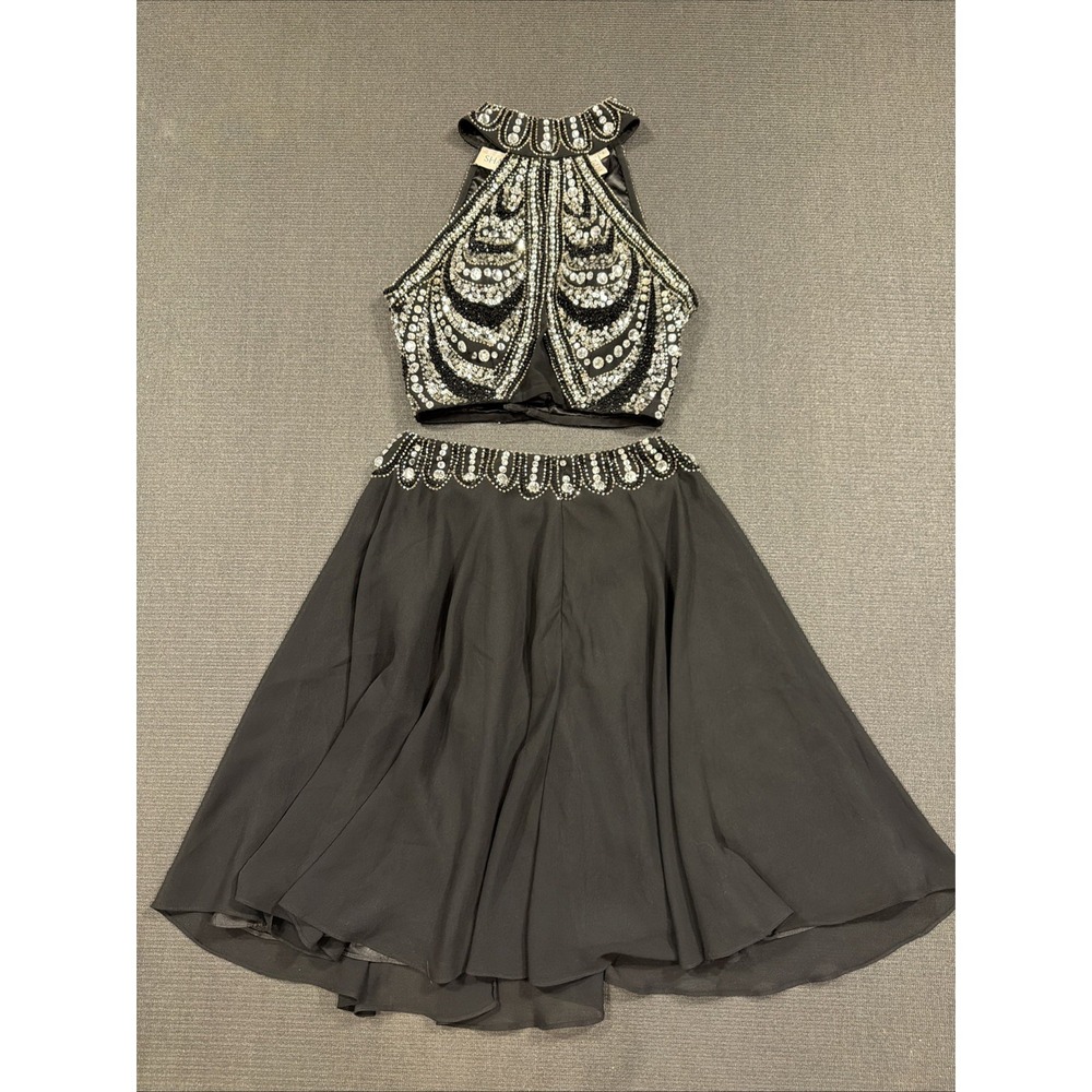 Shail K Two Size 2 Piece Sequined Black Silver Beaded Dress Y2K Prom Formal